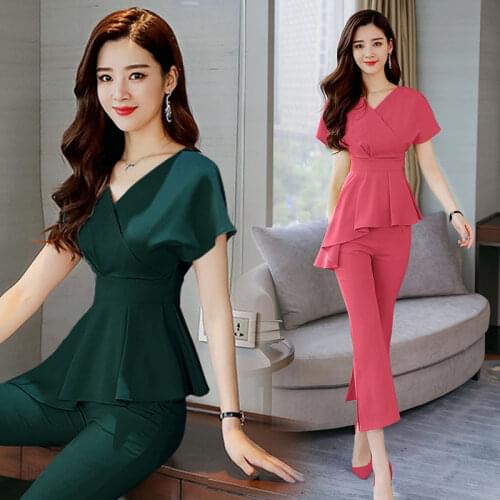 2020 New Spring Women OL Suits Female Irregular V-neck Blouse + Wide Leg Pants Sets with Sashes Ladies Slim Plus Size 2PCs Z286