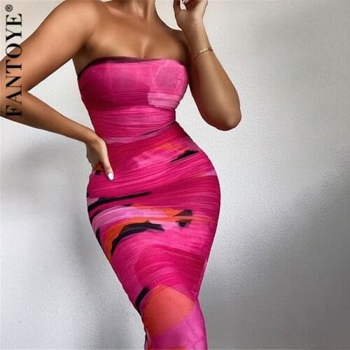 FANTOYE Double Layer Printed Strapless Dress Women Sexy Ruched Mesh Backless Midi Dress Elegant Party Bodycon Vestido Streetwear