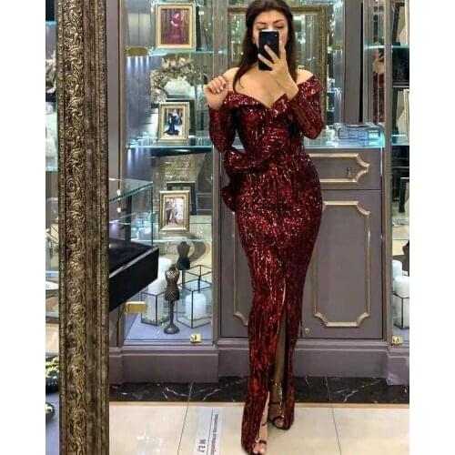 New Fashion Sexy Off Shoulder Burgundy Sequined Ruffles Long Sleeve Maxi Dress for Women 2021 Split Party Luxury Vestidos LF342