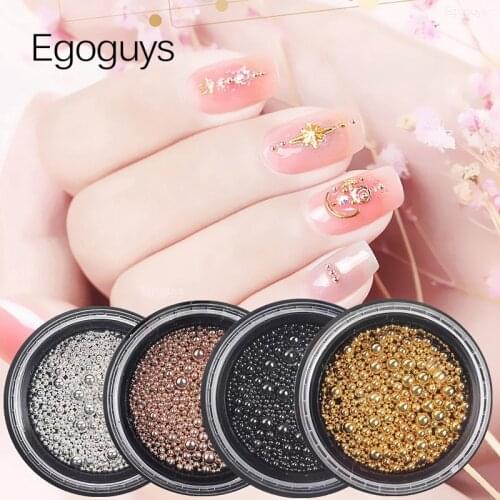 1Box Mixed Size Small Metal Stainless Steel Ball Nail Art Rhinestones Caviar Nail Decorations Bead Pearls Black Gold Silver Rose