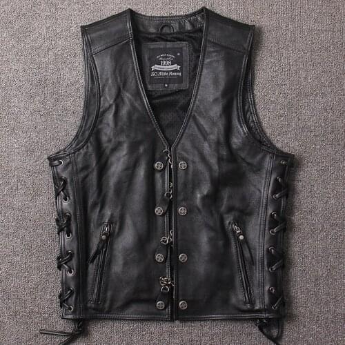 2020 Black Men Genuine Motorcycle Plus Size XXXXL Cowhide Slim Fit Short Chains Bikers Leather Vest FREE SHIPPING