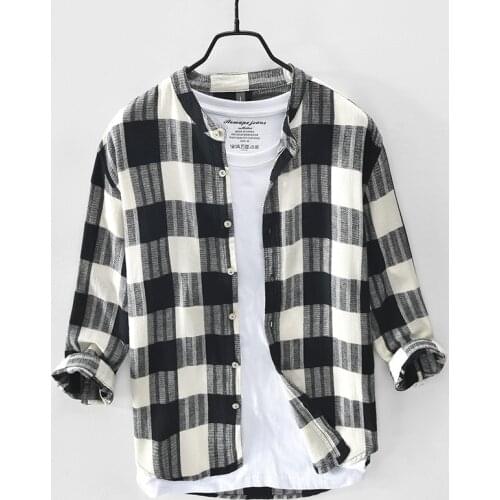 2020 Autumn New Men 3/4Sleeve Shirt Plaid Stand Collar Classic All-Match Male Casual Cotton Linen Retro Tops Clothes Y3450