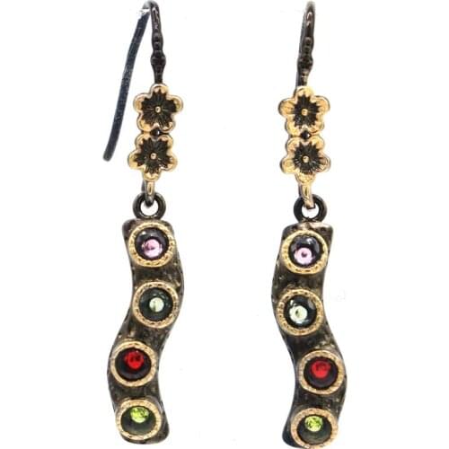 40x6mm Bohemia Design 5.1g Multi Color Garnet Peridot Kunzite Green Amethyst Black Gold 925 Sterling Silver Earrings