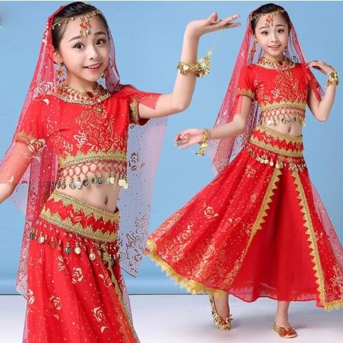 Girl BellyDance Wear Children Belly Dance Bollywood Costume Set Girls Indian Flowers Outfit 5pcs (Top Belt Skirt Veil Headpiece)
