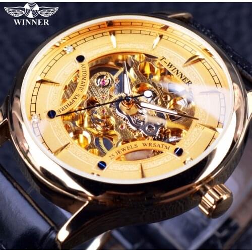 Winner 2016 Fashion Casual Design Full Golden Transparent Luxury Diamond Display Men Male Wrist Watch Top Brand Mechanical Watch