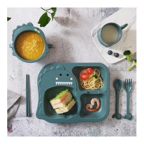 Baby Dinosaur Tableware 4 Piece Set Childrens Dinner Plate Grid Home Creative Cartoon Environmentally Friendly Feeding Dishes