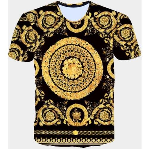 Fashion Brand Men Golden Flower T-shirt Summer 3D Print Blue T-Shirt Homme Short Sleeve Luxury Royal Baroque Men Clothes Tops