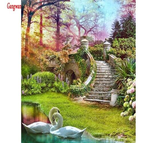 Full Drill Square Diamond 5D DIY Diamond Painting swan lake Diamond Embroidery garden landscape Cross Stitch Rhinestone Mosaic