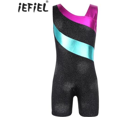 Girls Ballet Leotard Kids Dance Wear Unitard Sleeveless Gymnastics Leotard Glittery Splice Jumpsuit Figure Skating Bodysuits