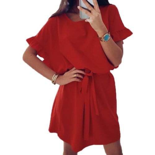 Summer Women Loose Solid Mini Dress o Neck Ruffels Sashes Short Sleeves 212