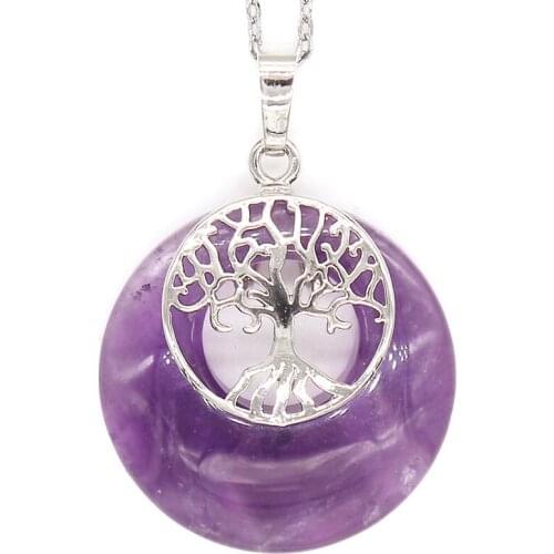 Trendy-beads Silver Plated Round Hollow Natural Purple Amethysts Pendant Tree of Life Necklace For Party Jewelry