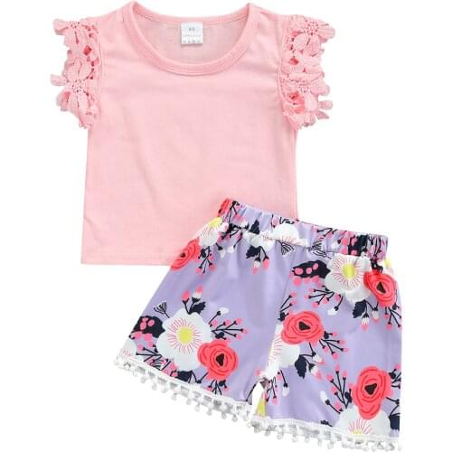 OPPERIAYA Kids Baby Girls Clothes Casual Set Solid Color Sleeveless O-neck T-shirt Floral Print Short Pants with Tassels