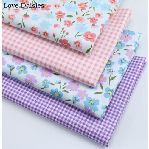 100% Cotton Twill Pastoral WHITE Small Pink Blue Purple Flowers Floral Check Fabric DIY for Kids Doll Apparel Dress Decor Sheet