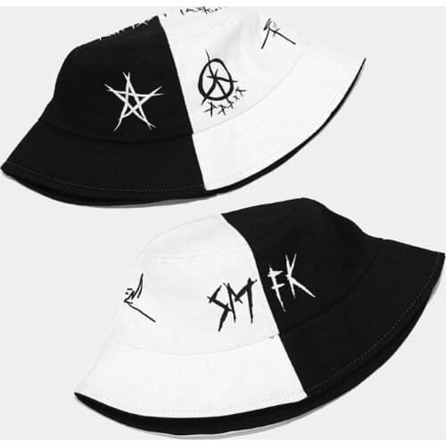 Unisex Black White Color Block Bucket Hat Star Eye Graffiti Print Fisherman Cap
