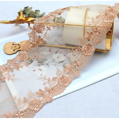2Yds 14cm Wide Transparent Gazue Tan Mirror Floral Embroidery High Quality Lace Trim For Garments And Wedding Decoration