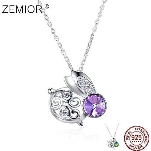 ZEMIOR Genuine S925 Sterling Silver Necklace For Women Rabbit Shape Animal Pendant Necklaces Purple Austria Crystal Fine Jewelry