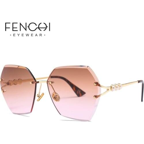 Pink Blue Pearl Hexagon Rimless Sunglasses Women Retro Brand Designer Trendy Gradient Sun Glasses Female UV400 Zonnebril Dames