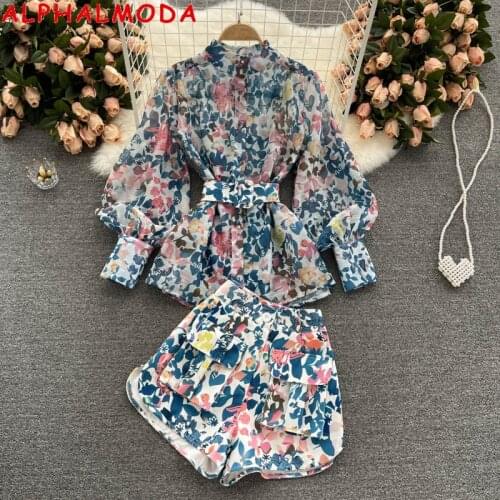 ALPHALMODA 2021 Summer New Printed Vintage Shirt Shorts Set Women Loose Outfit Shirt + Hot Shorts 2pcs Fashion Suit