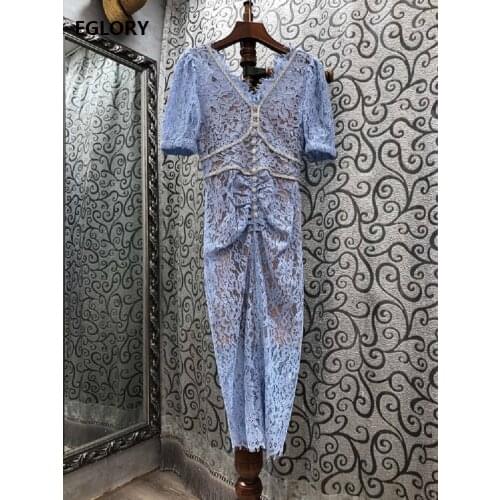Top Quality New Lace Dress 2021 Spring Summer Luxury Party Women V-Neck Crystal Beading Deco Short Sleeve Bodycon Midi Dress