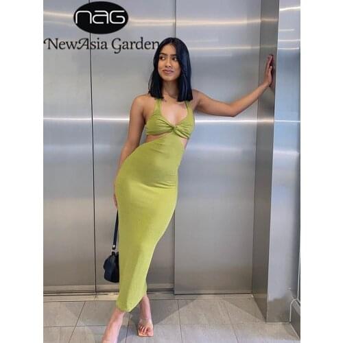 NewAsia Fall Halter Dress Twist Ruched Cut out V Neck Tie up Sexy Party Elastic Bodycon Midi Dress Long Dresses for Women 2021