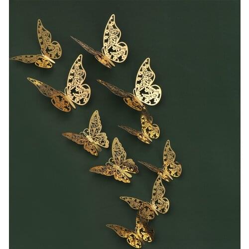 12PCS/Pack 3D Hollow Butterfly Wall Stickers Gold Silver Rosegold Mariposas Decals Metal Texture Party Supplies DIY Home Decor