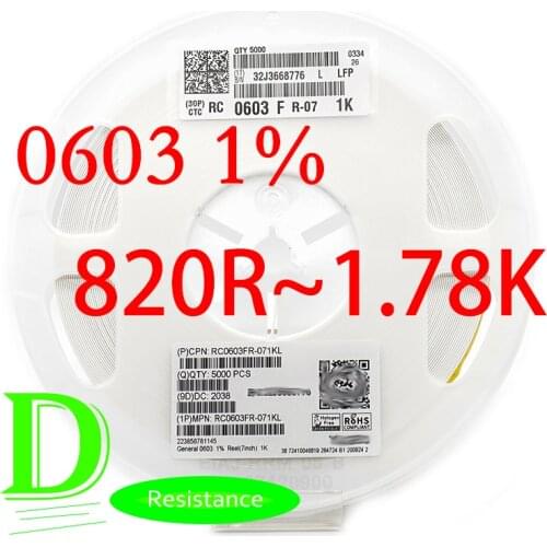 SMD Resistor RC Series 0603 1% RC0603FR-07 Series 820R-1.78K All resistors 820R 910R 1K 1.1K 1.2K 1.3K 1.5K 1.6K