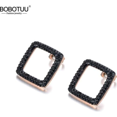 BOBOTUU Stainless Steel Jewelry White/Black Clay Cystal Stud Earrings Rose Gold Color Square Shape Christmas Gift BE18457