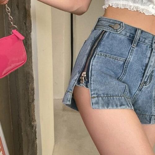 Split Zipper Summer Denim Jeans Shorts Women High Waist Buttons Sexy Hot Girls Wide Leg Short Pants Slim Streetwear 2021 Z608