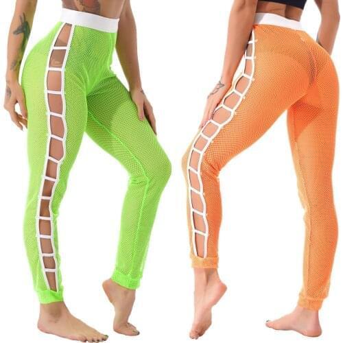 Joggers Women High Waist Skinny Hollow Out Mesh Sport Running Pants Vacation See-Through Beachwear Elastic Waistband Trousers