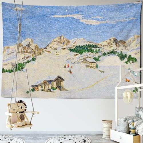 Oil Painting Print Tapestry Snow Skiing Tapestry Tour Tent Blanket Decor Tapestry Farmhouse dormitory Wall boho Decor Tapestry