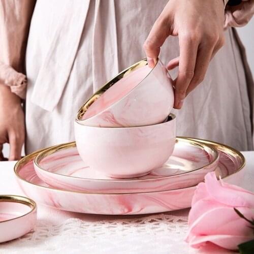 Ceramic kitchen utensils, marble, pink, plate, lunch, food, salad, soup, deep bowl, wedding utensils, porcelain set