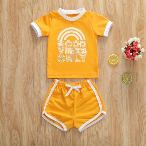 1-4Y Summer Infant Baby Girls Clothing Sets Causal Letter Print Short Sleeve T-shirts Tops + shorts yellow 2pcs Summer Clothes