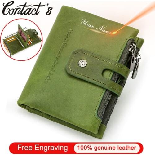 Contacts Free Engraving 100% Genuine Leather Women Wallet Double Zipper Coin Purse Small Card Holder Wallets for Men Portfolio
