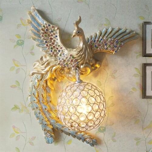 French Hand-painted Crystal Phoenix Wall Lamps Carving Craft Bedroom Living Room Wall Lights Study Aisle Balcony LED Lighting