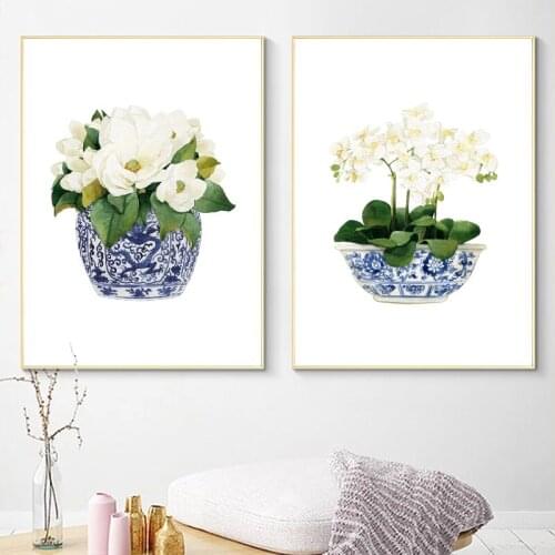 Nordic Posters White Orchid & Magnolia Chinoiserie Decor Canvas Print Oriental Vase Blue White Willow Style Porcelain Flower Jar