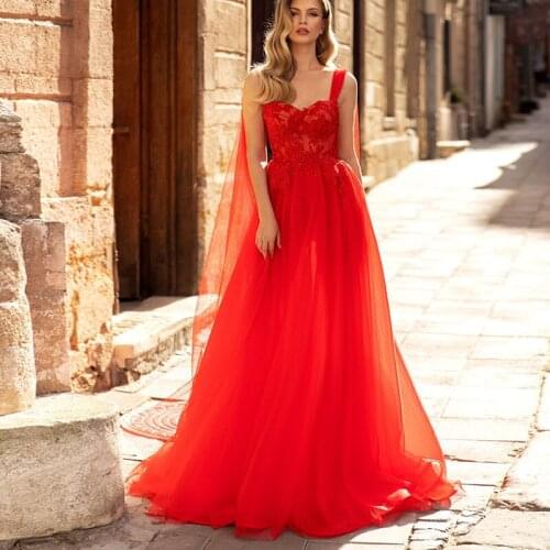 2021 New Design Spaghetti Straps A Line Applique Tulle Prom Dress Party Evening Gowns with Long Ribbon