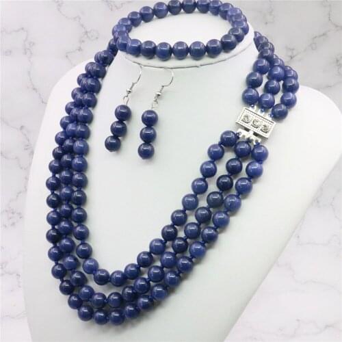 New 3 Rows 8mm Lapis Lazuli Necklace Bracelet Earrngs Set Beads Fashion Jewelry Set Natural Stone Christmas gifts (Min Order 1)