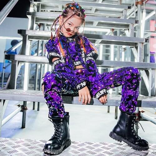 Girls Jazz Costume Modern Sequin Dance Clothes Kids Hip-Hop Dance Practice Uniform Child Street Dance Performance Wear DQL068