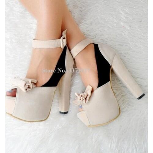 New Patchwork Bowtie Chunky Heel Platform Shoes Women Peep Toe Ankle Buckle Butterfly knot Pumps Lady Real Photos Single Shoes