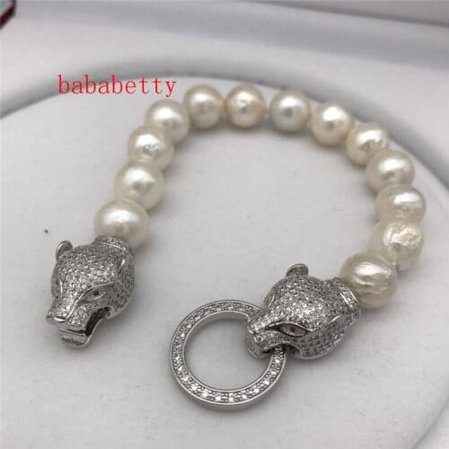 New fashion big Nucleated pearls 11-12 mm natural white baroque Edison pearl Bracelet 8 inches leopard clasp