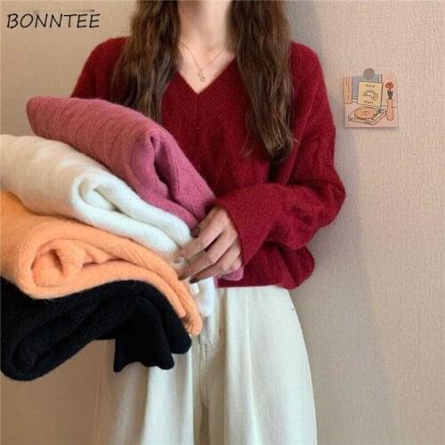 Pullovers Women Red V-neck Solid Korean Style Vintage Kawaii Slim Loose Casual Simple Basic Design Fashionable Streetwear Tops