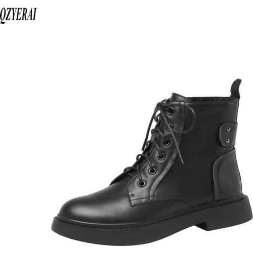 QZYERAI Autumn winter new Genuine leather Women boots ankle motorcycle warm Female boots cowhide Women shoes