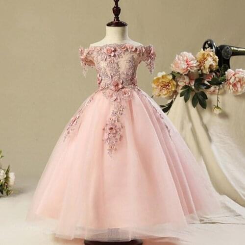 Pink Princess Flower Girl Dresses For Wedding Communion Birthday Party Dress Girl Lace Applique petal Banquet party Dresses