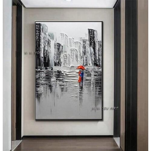 Hand Painted Black and White City Building Abstract Oil Painting Modern On Canvas Wall Art Decorative For Living Room No Frame