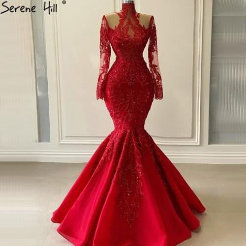 Serene Hill Red Mermaid High-end Evening Gowms 2020 Long Sleeves Flowers Formal Dress Design HM67174