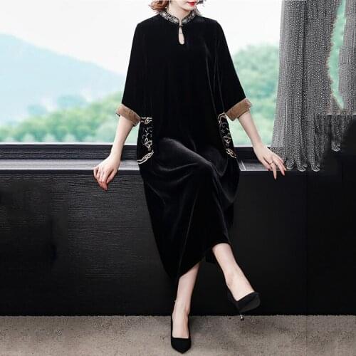High quality gold velvet spring autumn fashion dress women 2021 new style large size noble dress Guofeng black dress female s56
