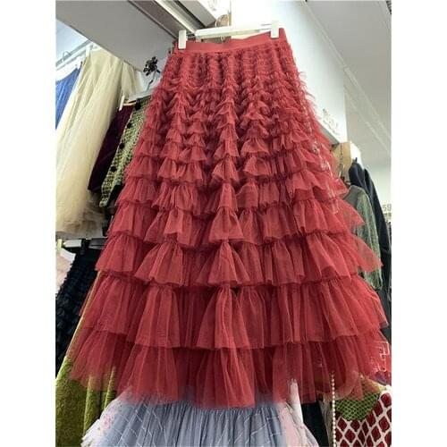 Temperament Long Mesh Skirt Women Spring Summer Female Ladies Super Fairy Cake Skirts Elastic Waist 2021