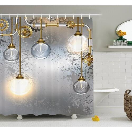 Industrial Decor Shower Curtain Steampunk Antique Composition Brass Fastening Round Figures Print Bathroom Decor Set