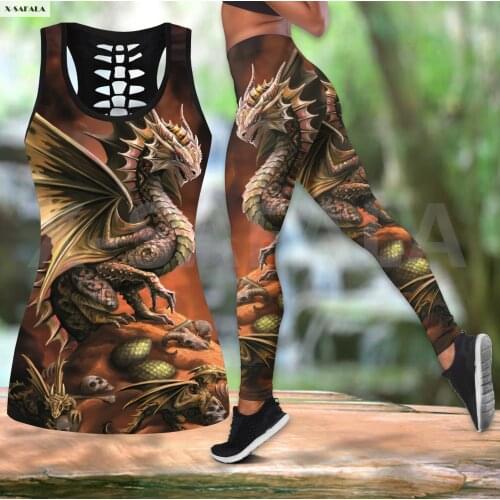 Gothic Dragon Art Two Piece Yoga Set Women 3D Print Vest Hollow Out Tank Top High Waist Legging Summer Casual Sport