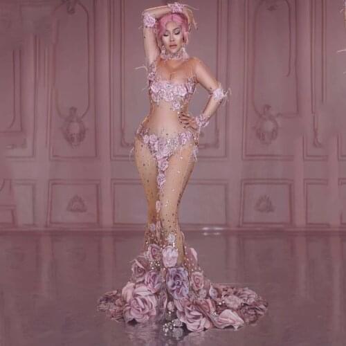 Women Singer Performance Costume Fashion Pink Flowers See Through Long Dress Design Mesh Stretch Party Dress Stage Costume DJ507